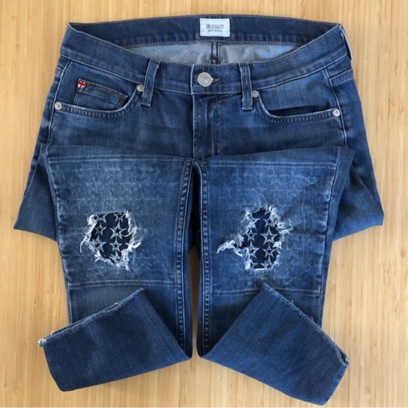 Hudson Muse Cropped Jeans with Distressed ripped Knees Star patches raw hem 27 - Picture 2 of 6